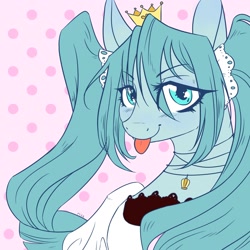 Size: 2000x2000 | Tagged: safe, artist:riceflowers_art, derpibooru import, earth pony, pony, abstract background, anime, clothes, crown, cute, hatsune miku, jewelry, kotobukiya, kotobukiya hatsune miku pony, necklace, ponified, regalia, tongue, tongue out