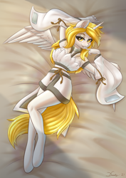Size: 2480x3508 | Tagged: safe, artist:dandy, derpibooru import, oc, oc only, oc:star nai, alicorn, anthro, unguligrade anthro, alicorn oc, anthro oc, bed, bedroom eyes, breasts, clothes, commission, eyeshadow, female, from above, grin, high res, horn, looking at you, lying down, makeup, mare, smiling, solo, solo female, wings