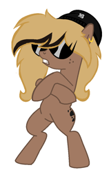 Size: 642x1000 | Tagged: safe, artist:rochelle2014, derpibooru import, oc, oc only, oc:rochelle, earth pony, pony, base used, bipedal, ear piercing, earring, earth pony oc, female, freckles, hat, jewelry, mare, piercing, simple background, solo, sunglasses, swag, white background
