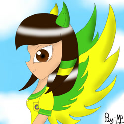 Size: 1280x1280 | Tagged: safe, artist:mudmee-thai, derpibooru import, oc, oc only, equestria girls, abstract background, bust, clothes, equestria girls-ified, female, ponied up, signature, solo, wings