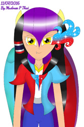 Size: 854x1280 | Tagged: safe, artist:mudmee-thai, derpibooru import, oc, oc only, equestria girls, abstract background, clothes, equestria girls-ified, female, pants, signature, smiling, solo, sombra eyes, wings