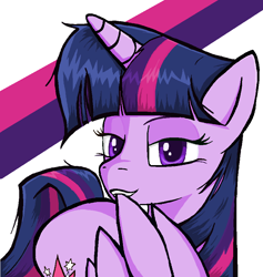 Size: 866x914 | Tagged: safe, artist:sallycars, derpibooru import, twilight sparkle, twilight sparkle (alicorn), alicorn, pony, bedroom eyes, biting, female, grooming, looking at you, mare, ms paint, out of context, preening, simple background, solo, white background, wing bite