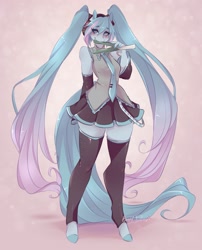 Size: 1623x2013 | Tagged: safe, artist:bunnywhiskerz, derpibooru import, anthro, unguligrade anthro, anime, anthrofied, clothes, eating, female, food, hatsune miku, headphones, kotobukiya, kotobukiya hatsune miku pony, leek, mare, necktie, pigtails, ponified, twintails