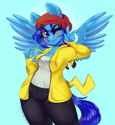 Size: 1280x1394 | Tagged: safe, artist:pastelperyton, derpibooru import, oc, anthro, pegasus, pikachu, ;p, breasts, cleavage, clothes, ear piercing, hoodie, looking at you, one eye closed, peace sign, piercing, pokémon, solo, tongue, tongue out, wink