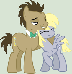 Size: 3068x3140 | Tagged: safe, artist:jadethepegasus, artist:krystalheartbases, derpibooru import, derpy hooves, doctor whooves, earth pony, pegasus, pony, bowtie, doctorderpy, eyes closed, female, gray background, grin, hug, male, mare, raised hoof, raised leg, shipping, simple background, smiling, stallion, straight