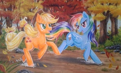 Size: 2425x1473 | Tagged: safe, artist:rainwaterfallszone, derpibooru import, applejack, rainbow dash, earth pony, pegasus, pony, fall weather friends, applejack's hat, autumn, background, clothes, colored pencil drawing, complex background, cowboy hat, daytime, dirt, dirt path, dirt road, duo, falling leaves, female, folded wings, foliage, freckles, grass, hat, high res, leaves, looking at each other, looking back, mare, multicolored mane, open mouth, open smile, outdoors, painting, plant, raised hoof, raised leg, rock, running, running of the leaves, scenery, scenery porn, shadow, shiny mane, smiling, stetson, traditional art, tree, watercolor painting, windswept mane, wings