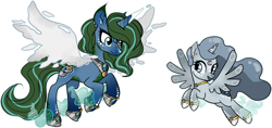 Size: 5156x2430 | Tagged: safe, artist:smilesupsidedown, derpibooru import, oc, oc only, alicorn, pony, alicorn oc, duo, ear piercing, earring, eyelashes, female, flying, hoof shoes, horn, jewelry, looking back, mare, peytral, piercing, simple background, smiling, tattoo, transparent background, wings