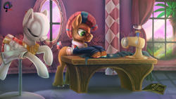 Size: 1920x1086 | Tagged: safe, artist:brainiac, derpibooru import, starstreak, earth pony, pony, honest apple, book, digital painting, male, mannequin, scene interpretation, sewing machine, solo, stallion, tongue, tongue out, window