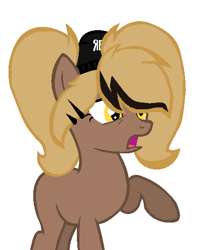 Size: 494x556 | Tagged: safe, artist:rochelle2014, derpibooru import, oc, oc only, oc:rochelle, earth pony, pony, base used, earth pony oc, female, hat, mare, no tail, open mouth, raised hoof, raised leg, shocked, simple background, solo, white background