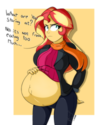 Size: 1800x2100 | Tagged: safe, artist:diamondgreenanimat0, derpibooru import, sunset shimmer, comic:inner thoughts, equestria girls, angry, belly, belly button, big belly, breasts, clothes, hand on belly, hand on hip, hips, holding belly, looking at you, outie belly button, pants, pregnant, pregnant equestria girls, scarf, solo, sunset jiggler, sunset preggers, talking to viewer