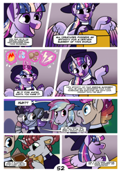 Size: 2100x3000 | Tagged: safe, artist:loryska, derpibooru import, trixie, twilight sparkle, twilight sparkle (alicorn), oc, oc:clarabelle, oc:conundrum solar flare, oc:niko, oc:plumeria, alicorn, hybrid, pony, zony, comic:friendship grows, hat, magic, magical lesbian spawn, offspring, parent:derpy hooves, parent:doctor whooves, parent:quibble pants, parent:rainbow dash, parents:doctorderpy, parents:quibbledash, witch hat