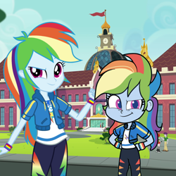 Size: 1080x1080 | Tagged: safe, artist:saltymango, derpibooru import, edit, rainbow dash, better together, equestria girls, my little pony: pony life, canterlot high, clothes, eqg promo pose set, geode of super speed, hoodie, jacket, magical geodes, pants, pony life equestria girls-ified