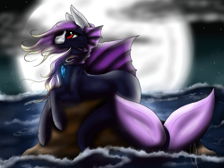 Size: 1400x1050 | Tagged: safe, artist:silentshadowwolf1998, derpibooru import, oc, oc only, hybrid, merpony, seapony (g4), cloud, deviantart watermark, dorsal fin, eyelashes, fish tail, moon, moonlight, obtrusive watermark, ocean, red eyes, rock, signature, sky, solo, stars, tail, water, watermark