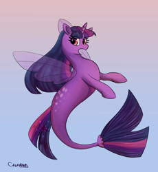 Size: 1191x1293 | Tagged: safe, artist:calamitygavel, derpibooru import, twilight sparkle, twilight sparkle (alicorn), alicorn, pony, seapony (g4), clothes, dorsal fin, female, fin wings, fish tail, flowing mane, horn, looking at you, open mouth, seaponified, seapony twilight, see-through, simple background, solo, species swap, tail, wings