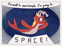 Size: 1530x1140 | Tagged: safe, artist:aaronmk, derpibooru import, oc, oc:posada, hippogriff, seapony (g4), female, floating, hippogriff oc, open mouth, smiling, space, stars, text, zoomorphic