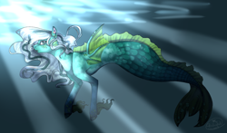 Size: 3198x1876 | Tagged: safe, artist:rockielel, derpibooru import, oc, oc only, hybrid, merpony, blue eyes, bubble, crepuscular rays, female, fins, fish tail, flowing mane, ocean, signature, solo, sunlight, swimming, tail, underwater, water, wings