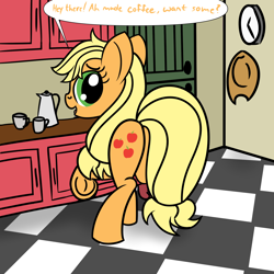 Size: 2000x2000 | Tagged: safe, artist:dafiltafish, derpibooru import, applejack, earth pony, pony, applejack's hat, clothes, coffee, cowboy hat, hat, hatless, kitchen, looking at you, looking back, looking back at you, missing accessory, solo