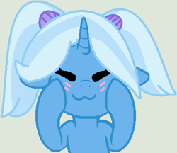 Size: 414x358 | Tagged: safe, artist:jadethepegasus, artist:lambrotbases, derpibooru import, trixie, pony, unicorn, alternate hairstyle, babysitter trixie, base used, blushing, cute, diatrixes, eyes closed, female, gray background, mare, pigtails, raised hoof, raised leg, simple background, solo