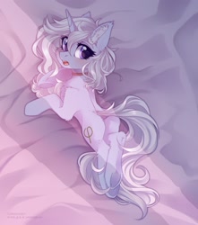 Size: 1500x1700 | Tagged: safe, artist:vird-gi, artist:whiteliar, derpibooru import, oc, oc only, oc:eula phi, pony, unicorn, bed, choker, ear fluff, ears, fluffy, looking at you, looking back, looking back at you, lying down, underhoof