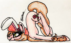 Size: 2117x1284 | Tagged: safe, artist:beamybutt, derpibooru import, oc, oc only, earth pony, pony, bunny ears, earth pony oc, eyelashes, face down ass up, female, signature, solo, traditional art