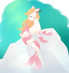 Size: 1800x1884 | Tagged: safe, artist:cookiegirl101, derpibooru import, oc, oc only, merpony, seapony (g4), adoptable, crepuscular rays, eyes closed, female, fins, fish tail, flowing mane, jewelry, necklace, ocean, orange mane, pearl necklace, rock, seashell, simple background, sitting, smiling, solo, sunlight, tail, underwater, water