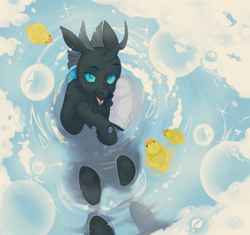 Size: 2340x2200 | Tagged: safe, artist:stupid_kley, derpibooru import, oc, oc only, oc:tarsi, changeling, bubble bath, changeling oc, commission, rubber duck, solo, tongue, tongue out, towel, water, ych result
