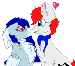 Size: 600x535 | Tagged: safe, artist:sajimex, derpibooru import, oc, oc only, oc:apex soundwave, oc:hajime, pegasus, pony, :p, boop, chest fluff, clothes, collar, duo, female, fluffy, glasses, heart, male, mare, scarf, scrunchy face, simple background, stallion, tongue, tongue out, transparent background