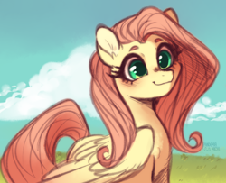 Size: 1784x1452 | Tagged: safe, artist:pandemiamichi, derpibooru import, fluttershy, pegasus, pony, blushing, cute, daaaaaaaaaaaw, female, mare, outdoors, shyabetes, smiling, solo