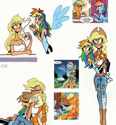 Size: 2472x2662 | Tagged: safe, artist:citi, artist:pencils, derpibooru import, idw, screencap, applejack, rainbow dash, human, cutie mark accessory, humanized, scene interpretation, wings