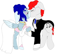 Size: 1300x1200 | Tagged: safe, artist:sajimex, derpibooru import, oc, oc only, oc:apex soundwave, oc:hajime, earth pony, pegasus, pony, clothes, dress, duo, female, husband and wife, kissing, male, mare, marriage, married couple, reference used, romantic, simple background, stallion, suit, transparent background, tuxedo, wedding, wedding dress