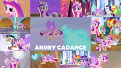 Size: 1280x720 | Tagged: safe, derpibooru import, edit, edited screencap, editor:quoterific, screencap, amber waves, applejack, bright smile, castle (crystal pony), crystal arrow, crystal beau, elbow grease, paradise (crystal pony), princess cadance, princess flurry heart, rarity, shining armor, spike, starlight glimmer, sunburst, twilight sparkle, twilight sparkle (alicorn), alicorn, changeling, crystal pony, dragon, earth pony, pony, unicorn, once upon a zeppelin, princess spike (episode), season 3, season 4, season 6, season 7, season 9, the beginning of the end, the crystal empire, the times they are a changeling, three's a crowd, angry, applejack's hat, armor, baby, baby pony, blast, cadance is not amused, clothes, cowboy hat, crown, crystal heart, dragons riding ponies, element of generosity, element of honesty, eyes closed, female, flying, glasses, glowing horn, gritted teeth, hat, horn, jewelry, laser, magic, magic aura, magic blast, male, night, open mouth, regalia, riding, starlight is not amused, sunburst is not amused, teeth, twilight is not amused, unamused