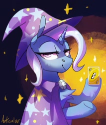 Size: 1229x1440 | Tagged: safe, artist:anticular, derpibooru import, trixie, pony, unicorn, cape, card, chest fluff, clothes, female, hat, lidded eyes, looking at you, mare, meme, no u, playing card, solo, trixie's cape, trixie's hat, underhoof, uno, uno reverse card