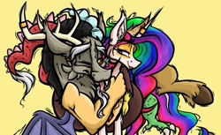 Size: 1080x659 | Tagged: safe, artist:alzmariowolfe, derpibooru import, discord, princess celestia, antlers, celestia is amused, cuddling, dislestia, female, jewelry, male, multicolored hair, rainbow hair, ring, shipping, simple background, straight, tongue, tongue out, yellow background