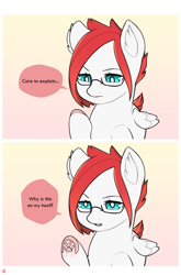 Size: 5100x7738 | Tagged: safe, artist:sugarelement, derpibooru import, oc, oc only, oc:red cherry, cat, pegasus, pony, blue eyes, ear fluff, ears, glasses, gradient background, paw pads, paws, red mane, solo, toe beans, underhoof, underpaw