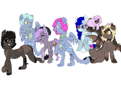 Size: 1400x1000 | Tagged: safe, artist:sajimex, derpibooru import, oc, oc only, oc:ed (min), oc:hajime, oc:kai (min), oc:pooch (min), oc:reaper (min), oc:snow (min), oc:storm (min), bat pony, hybrid, pegasus, pony, undead, dissociative identity disorder, female, friendship, male, mare, shapeshifter, simple background, stallion, transparent background