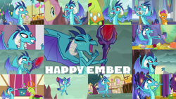 Size: 1280x721 | Tagged: safe, derpibooru import, edit, edited screencap, editor:quoterific, screencap, clever musings, dragon lord ember, fluttershy, princess ember, smolder, spike, thorax, violet twirl, changedling, changeling, dragon, pegasus, pony, gauntlet of fire, school daze, season 8, season 9, sweet and smoky, triple threat, uprooted, apple, bloodstone scepter, collage, cupcake, cute, eating, emberbetes, food, friendship student, jello, king thorax, laughing, smolder is not amused