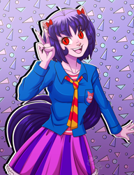 Size: 3232x4200 | Tagged: safe, artist:jack-pie, artist:the-butch-x, oc, oc only, oc:cassey, cat, equestria girls, absurd resolution, catgirl, clothes, female, high res, open mouth, peace sign, red eyes, signature, skirt, solo