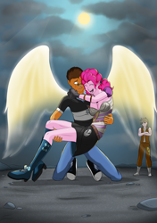 Size: 3541x5016 | Tagged: safe, artist:symptom99, pinkie pie, oc, oc:copper plume, equestria girls, angry, believe copper plume, canon x oc, cleavage, clothes, commission, copperpie, dialogue, female, freckles, glasses, magic wings, male, pinkie pies, shipping, straight