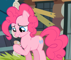 Size: 1137x967 | Tagged: safe, derpibooru import, edit, edited screencap, screencap, pinkie pie, sweetie belle, earth pony, pony, unicorn, pinkie apple pie, season 4, clothes, costume, cropped, egg, egg costume, eggbelle, micro, size difference, sweetie belle is not amused, unamused