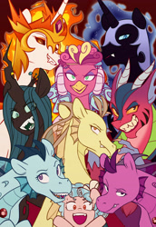 Size: 3348x4867 | Tagged: safe, artist:chub-wub, derpibooru import, idw, adagio dazzle, aria blaze, cosmos (character), cozy glow, daybreaker, nightmare moon, princess eris, queen chrysalis, sonata dusk, alicorn, changeling, changeling queen, draconequus, pegasus, pony, siren, absurd resolution, evil, evil grin, eye clipping through hair, fangs, featured image, female, filly, gem, grin, mare, open mouth, siren gem, smiling, the dazzlings
