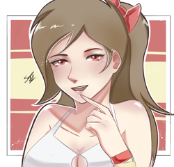 Size: 1059x1017 | Tagged: safe, artist:patricia valles, artist:rsa.fim, derpibooru import, oc, oc:whisper hope, human, blushing, brown hair, female, humanized, humanized oc, red eyes, simple background, smiling, solo