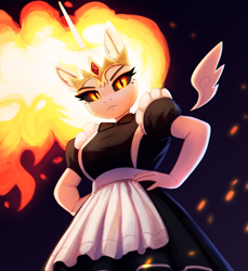 Size: 1500x1640 | Tagged: safe, artist:mrscroup, derpibooru import, edit, daybreaker, princess celestia, alicorn, anthro, breasts, clothes, female, floating wings, horn, looking at you, maid, mane of fire, sfw edit, simple background, solo, solo female, unamused, wings