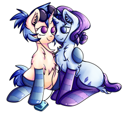 Size: 3778x3435 | Tagged: safe, artist:coco-drillo, derpibooru import, dj pon-3, rarity, vinyl scratch, pony, unicorn, alternate hairstyle, chest fluff, clothes, couple, ear fluff, ears, female, headphones, hug, kneesocks, lesbian, listening to music, pigtails, rariscratch, shipping, simple background, sitting, socks, striped socks, sunglasses, thigh highs, transparent background