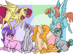 Size: 2241x1656 | Tagged: safe, artist:sallybatbridge, derpibooru import, cloudy quartz, cookie crumbles, pear butter, posey shy, twilight velvet, windy whistles, earth pony, pegasus, pony, unicorn, female, flying, glasses, group, mare, missing cutie mark, mom six, mother's day, sitting