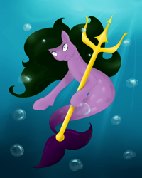 Size: 2000x2500 | Tagged: safe, artist:kuromilollipop, derpibooru import, oc, oc only, mermaid, merpony, blue eyes, bubble, crepuscular rays, female, fish tail, flowing mane, ocean, solo, sunlight, tail, trident, underwater, water