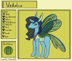 Size: 1750x1500 | Tagged: safe, artist:misskanabelle, derpibooru import, oc, oc only, oc:vedalia, changedling, changeling, abstract background, changedling oc, changeling oc, female, horn, reference sheet, signature, smiling, solo, story included, wings