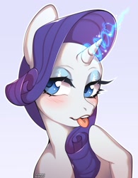 Size: 1407x1802 | Tagged: safe, artist:stumpeg, derpibooru import, rarity, pony, unicorn, :p, bedroom eyes, blushing, bust, eyelashes, female, glowing horn, horn, makeup, mare, piercing, raised hoof, raised leg, simple background, solo, tongue, tongue out, tongue piercing