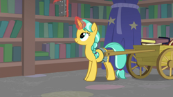 Size: 1920x1080 | Tagged: safe, derpibooru import, screencap, citrine spark, fire quacker, pony, unicorn, molt down, season 8, background pony, bookshelf, female, friendship student, levitation, magic, magic aura, mare, telekinesis