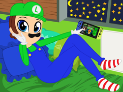 Size: 1182x884 | Tagged: safe, artist:noreentheartist, artist:user15432, derpibooru import, human, equestria girls, barely eqg related, base used, bed, bedroom, blanket, cap, clothes, crossover, equestria girls style, equestria girls-ified, gloves, gooigi, hat, looking at you, luigi, luigi's hat, luigi's mansion, luigi's mansion 3, moon, night, nintendo, nintendo switch, overalls, pillow, shirt, socks, stars, stocking feet, striped socks, super mario bros., undershirt, window