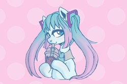 Size: 4977x3308 | Tagged: safe, artist:pidffee, derpibooru import, earth pony, pony, absurd resolution, anime, blue, blue eyes, boba tea, bubble tea, crossover, drink, drinking, drinking straw, female, hatsune miku, holding, kotobukiya, kotobukiya hatsune miku pony, looking at you, mare, multicolored hair, multicolored mane, necktie, pigtails, pink, pink background, ponified, simple background, solo, vocaloid